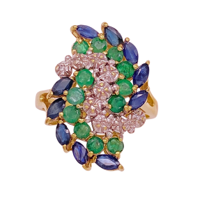 Sapphire Emerald Diamond Cocktail Ring 14K