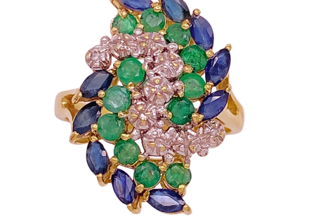 Sapphire Emerald Diamond Cocktail Ring 14K