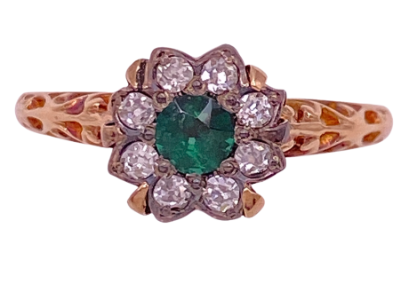 Victorian Diamond Halo Emerald Ring