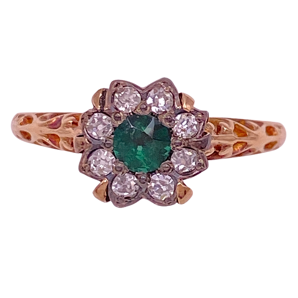Petite Victorian Era Diamond Halo Emerald Ring 10K Rose Gold and Silver .62 Carat TGW