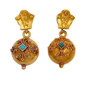 Victorian Era Etruscan Revival Earrings 14K Turquoise