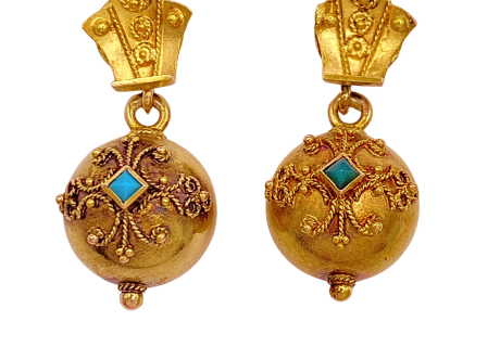 Victorian Era Etruscan Revival Earrings 14K Turquoise