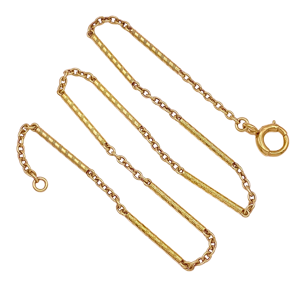 Victorian Era Watch Chain Choker Necklace 14K Gold Alternating Bar and Link Design