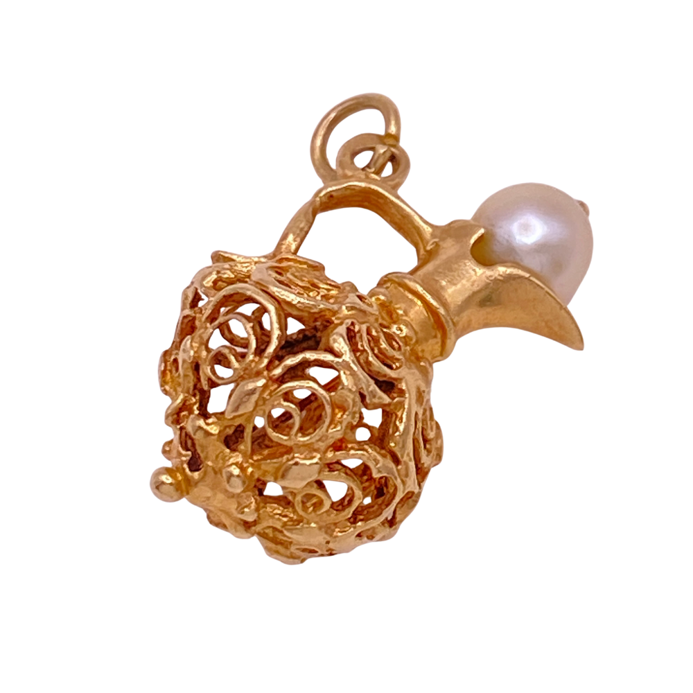 Vintage Charm Carafe Pitcher 14K Gold Filigree Cultured Pearl