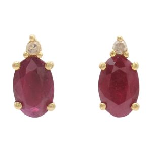 1.22ctw Oval Ruby Stud Earrings with Diamond Accent in 14K Gold front