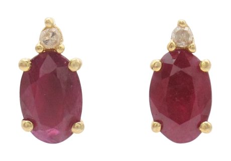 1.22ctw Oval Ruby Stud Earrings with Diamond Accent in 14K Gold front