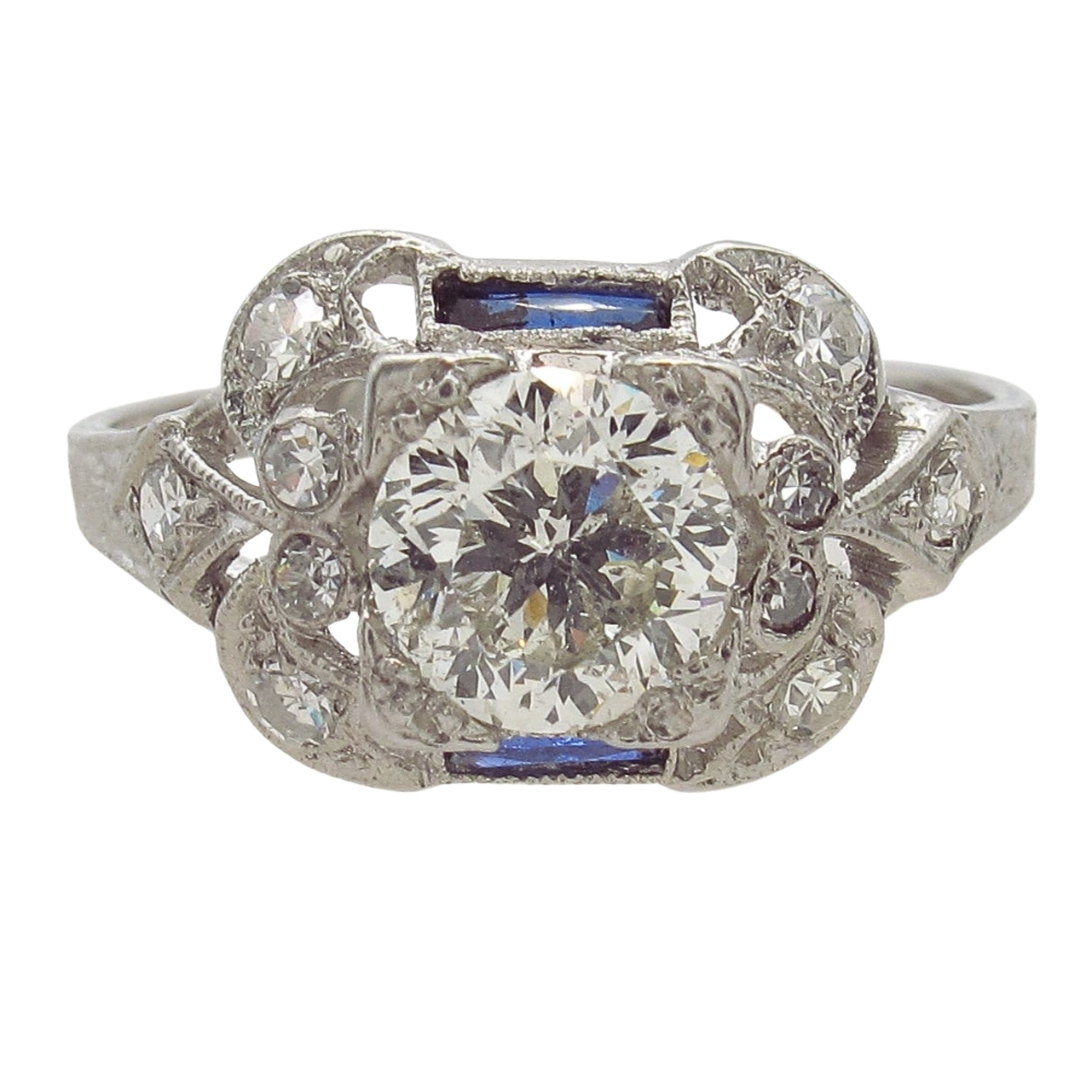 Art Deco 1.48ctw Diamond & Sapphire Platinum Engagement Ring