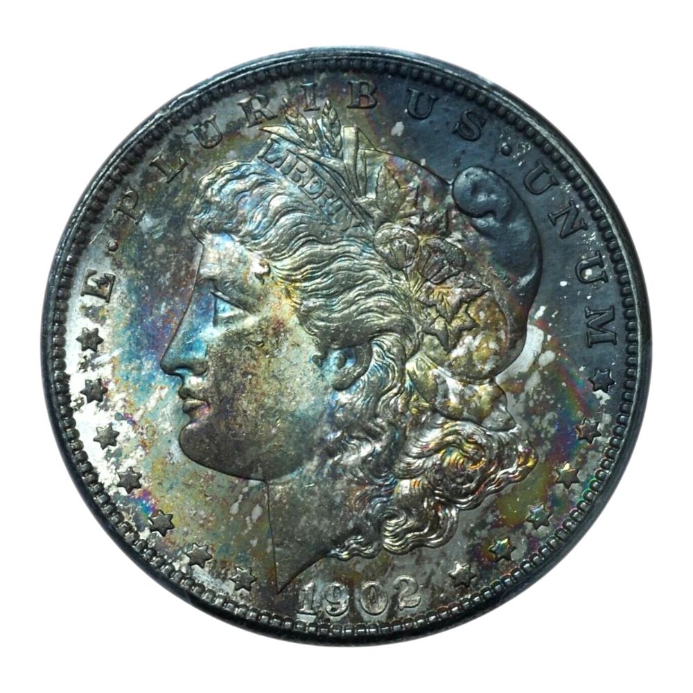 1902-O Morgan Dollar MS64 PCGS – Unique Terminal Rainbow Toned Obverse