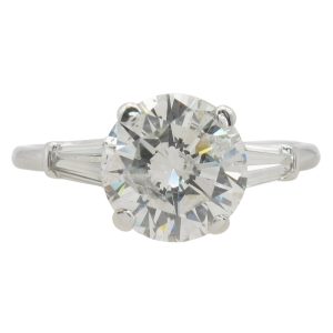 2 carat Round Diamond Baguette Engagement Ring 18k White Gold