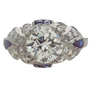 2.25 Diamond Art Deco Platinum Engagement Ring with Sapphires GIA Certified