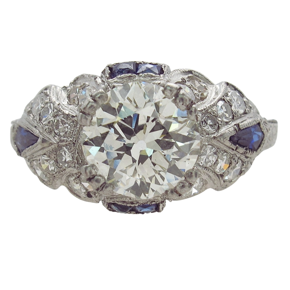 Platinum Art Deco 2.24ctw Diamond & Sapphire Engagement Ring