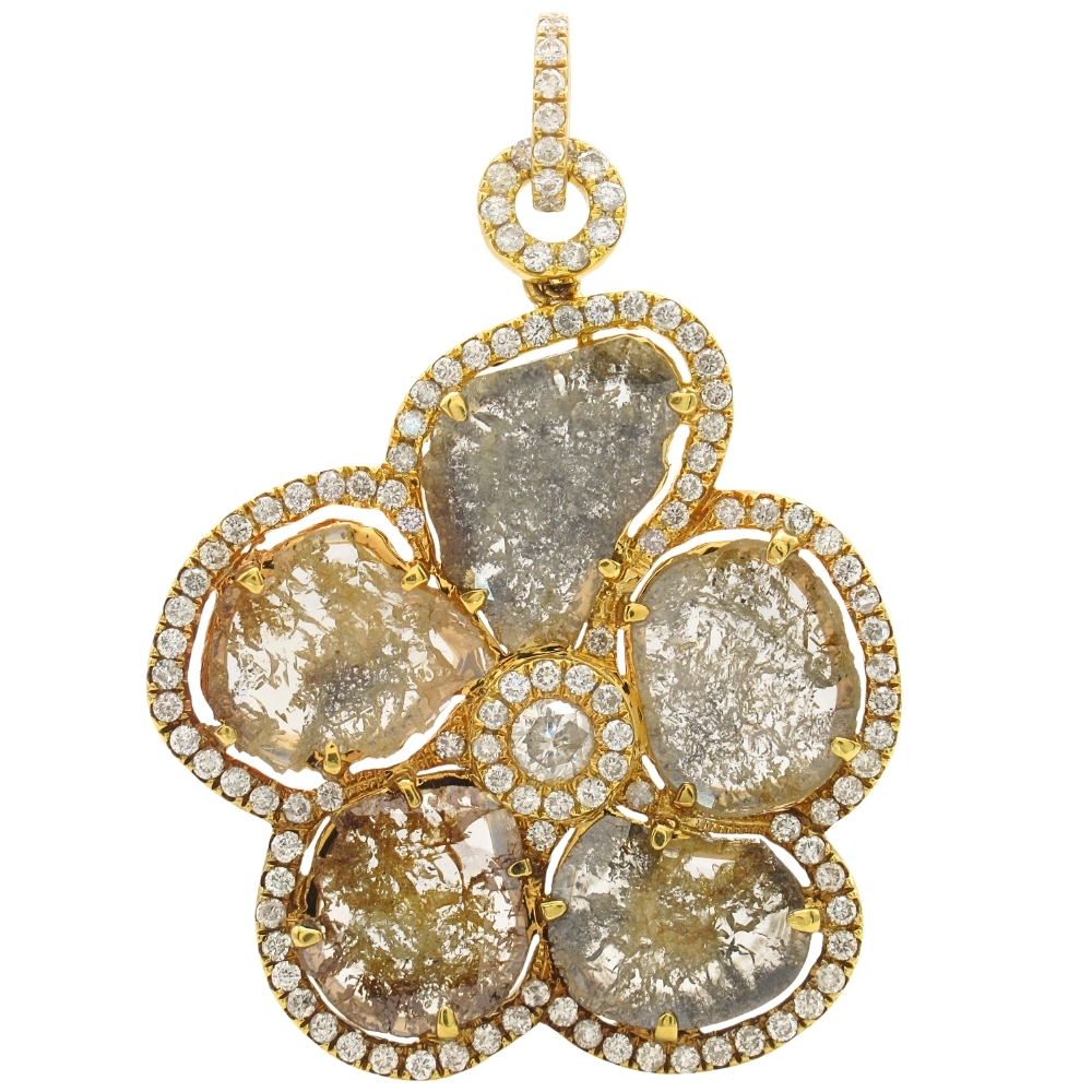 7.34ctw Raw Sliced Diamond Flower Pendant 14K Gold