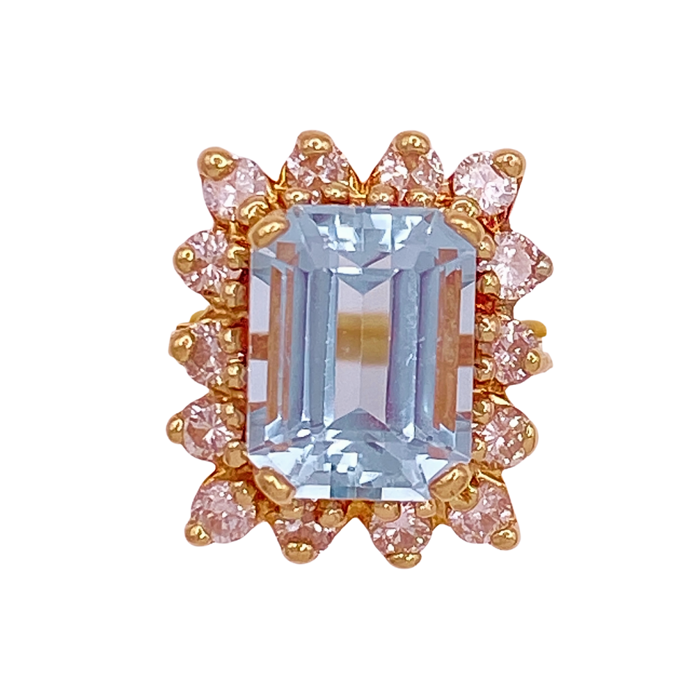 Classic Diamond Halo Aquamarine Ring 1.40 Carat Emerald Cut 14K Gold