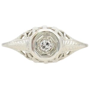 Art Deco 0.04ct Diamond Solitaire Filigree Ring 18K White Gold front