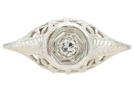 Art Deco 0.04ct Diamond Solitaire Filigree Ring 18K White Gold front