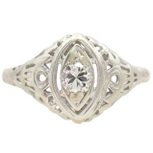Art Deco 0.17ct Diamond Navette Filigree Ring 14K White Gold front