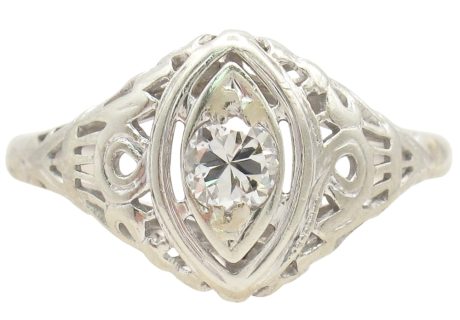 Art Deco 0.17ct Diamond Navette Filigree Ring 14K White Gold front
