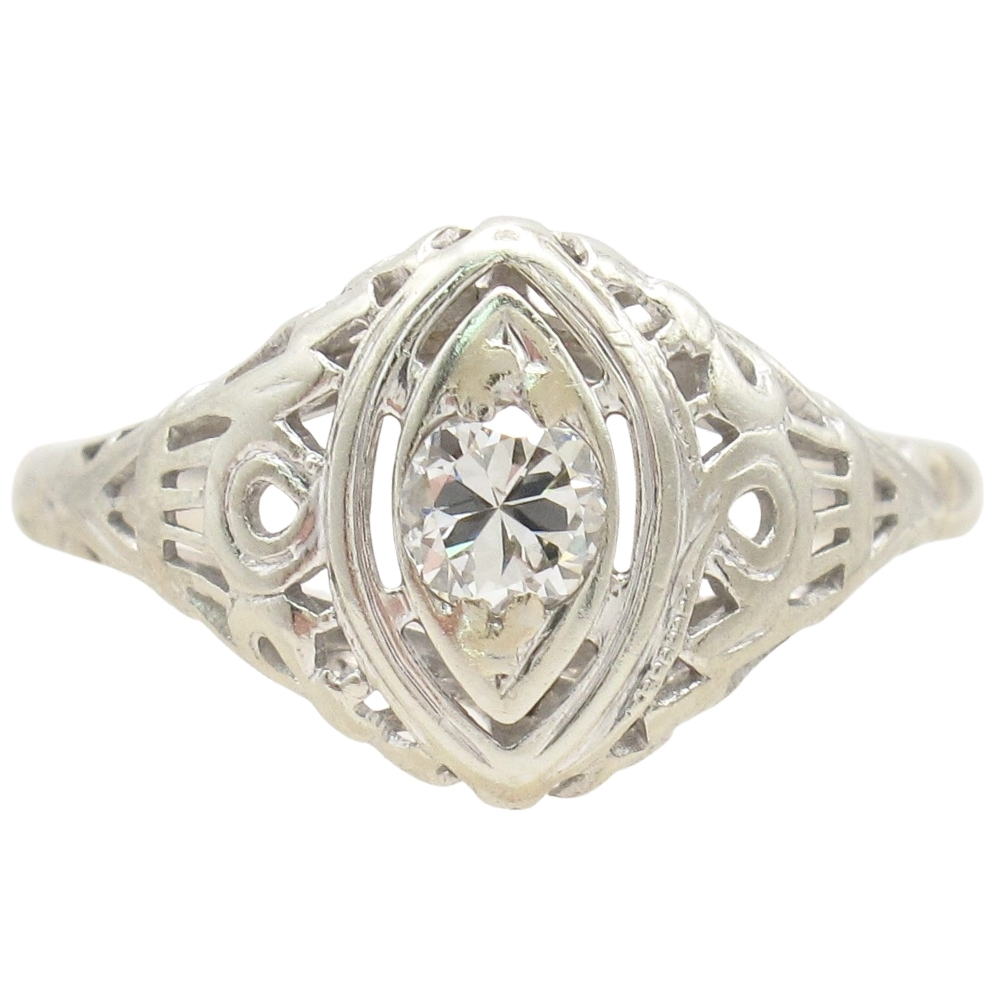 Art Deco 0.17ct Diamond Navette Filigree Ring 14K White Gold
