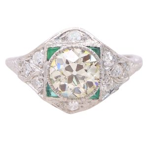 Art Deco 1.30 carat old european diamond platinum emerald engagement ring