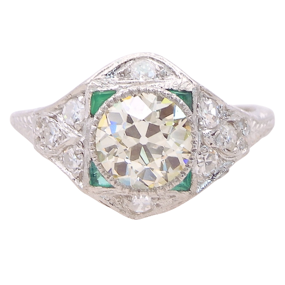 Art Deco 1.39ctw Diamond & Emerald Platinum Engagement Ring