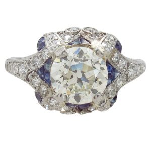 Art Deco 2 carat Old European Diamond with Sapphires Engagement Ring GIA Certified