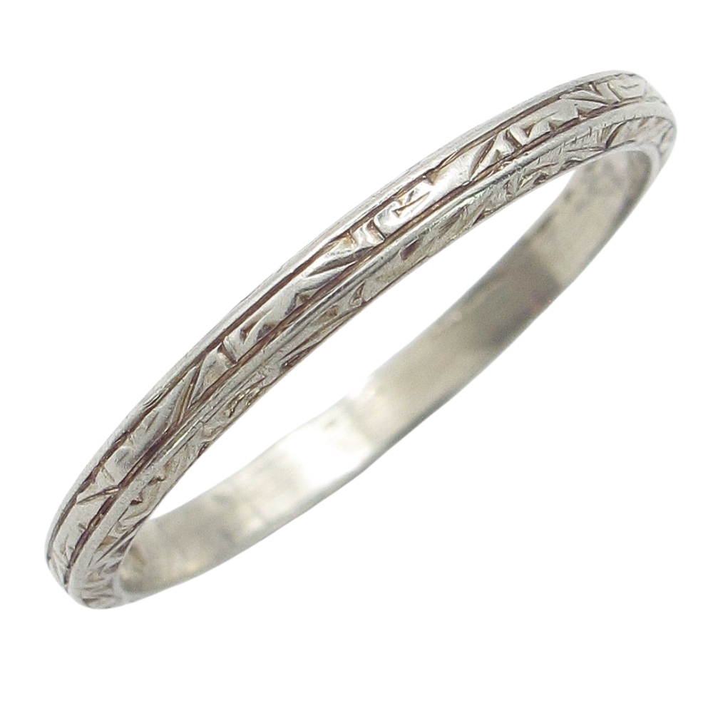 Belais Hand Engraved Wedding Band 18k White Gold Art Deco