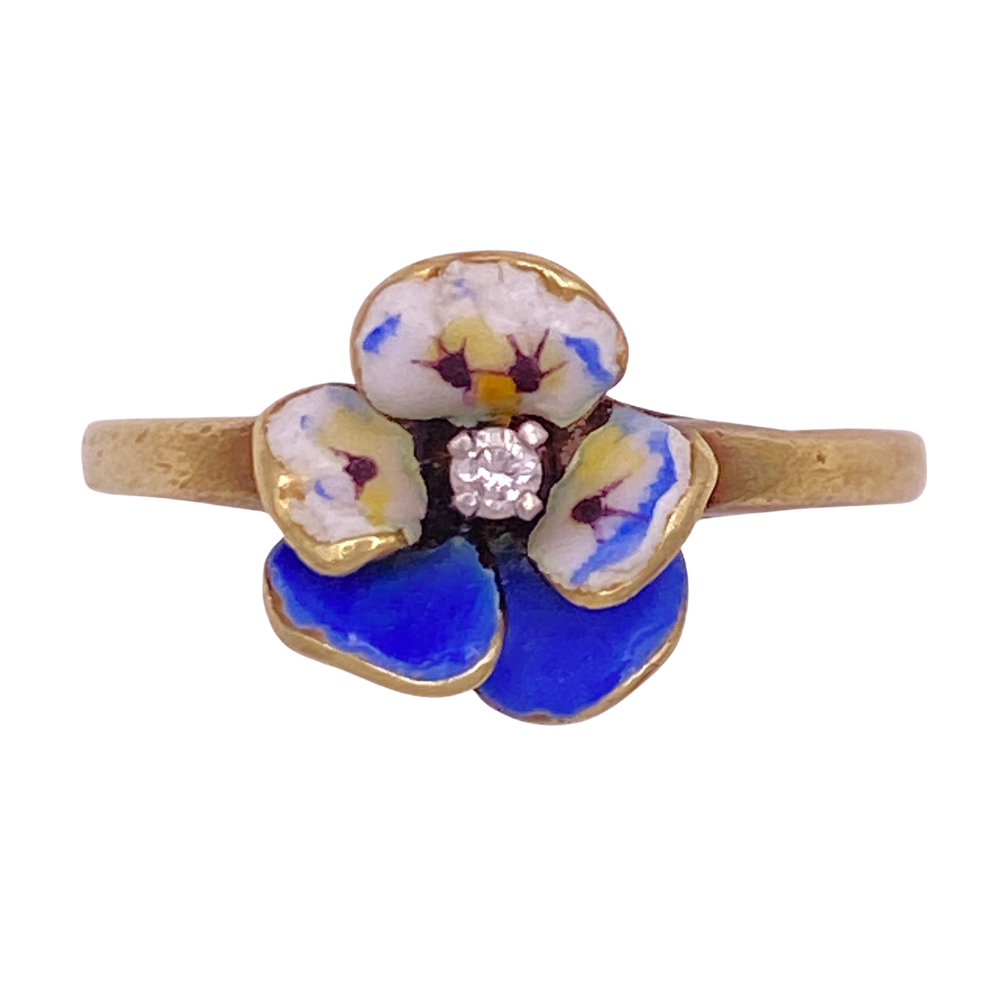 Art Nouveau Diamond Accent Enameled Pansy Ring 14K Gold Larter & Sons
