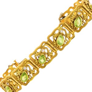 Art Nouveau Riker Brothers Peridot Diamond Bracelet 14k Yellow Gold Open 2