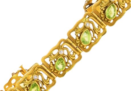 Art Nouveau Riker Brothers Peridot Diamond Bracelet 14k Yellow Gold Open 2