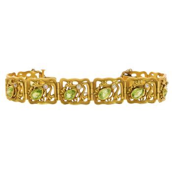 Art Nouveau Riker Brothers Peridot Diamond Bracelet 14k Yellow Gold Front