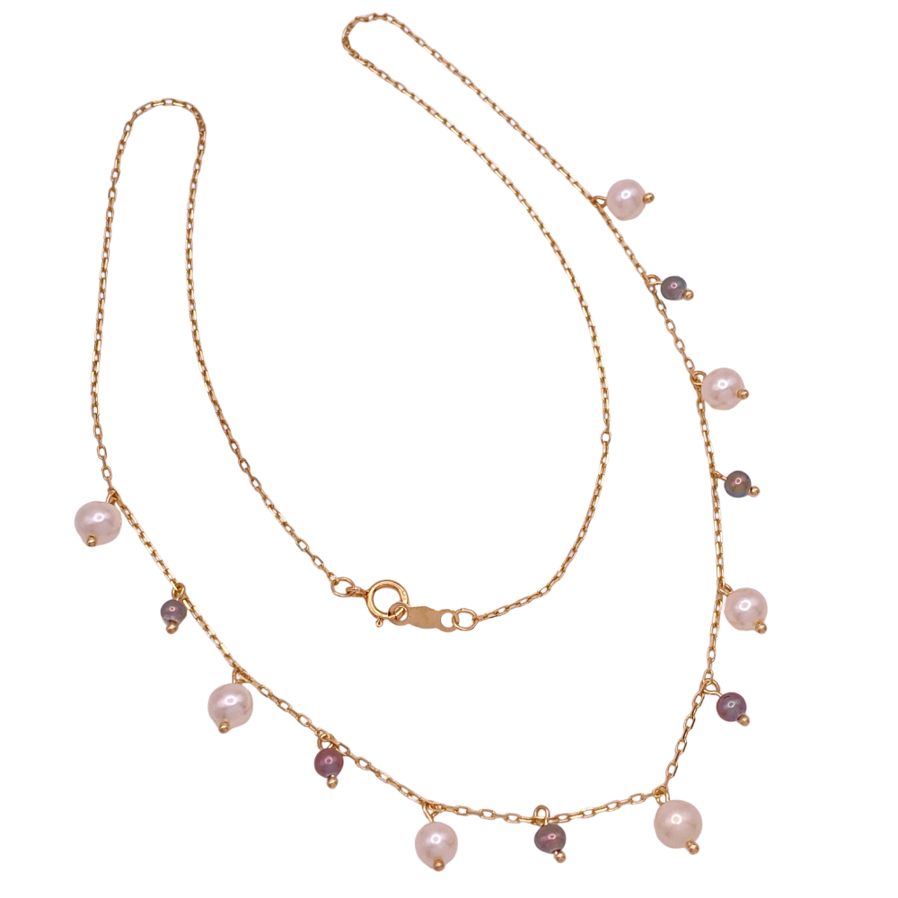 Black and White Pearl Necklace 14K Gold Dangle Station Design