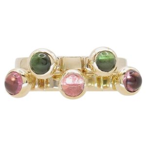 Contemporary Bezel set Pink & Green Tourmaline Stacked Ring Set in 14K Yellow Gold