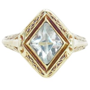 Detailed Edwardian Kite Shape Aquamarine Ring in 18K White Gold Size 6.5