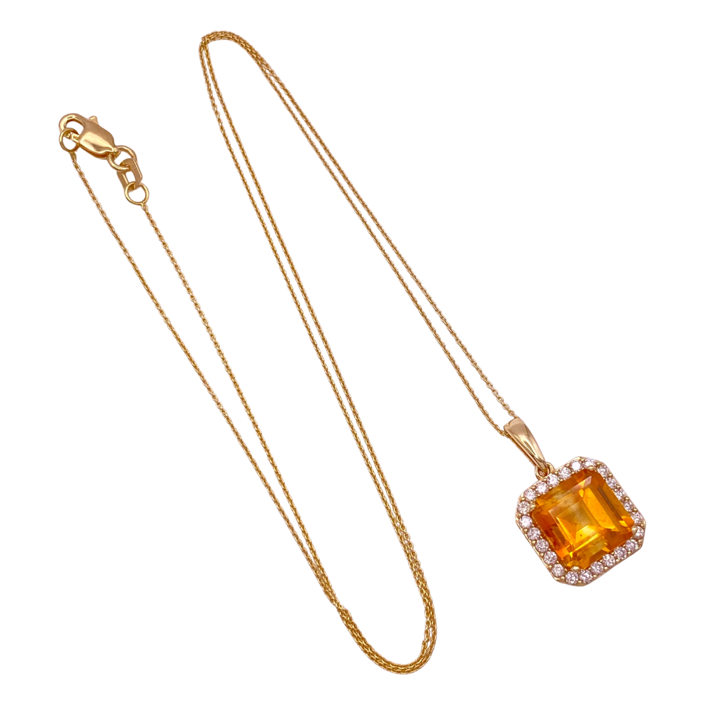 Diamond Halo Citrine Pendant Necklace 14K Gold 4.25 Carat TGW