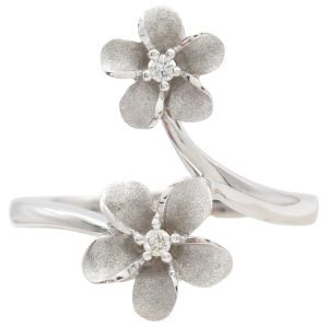 Diamond Plumeria Flower Bypass Ring 14K White Gold front