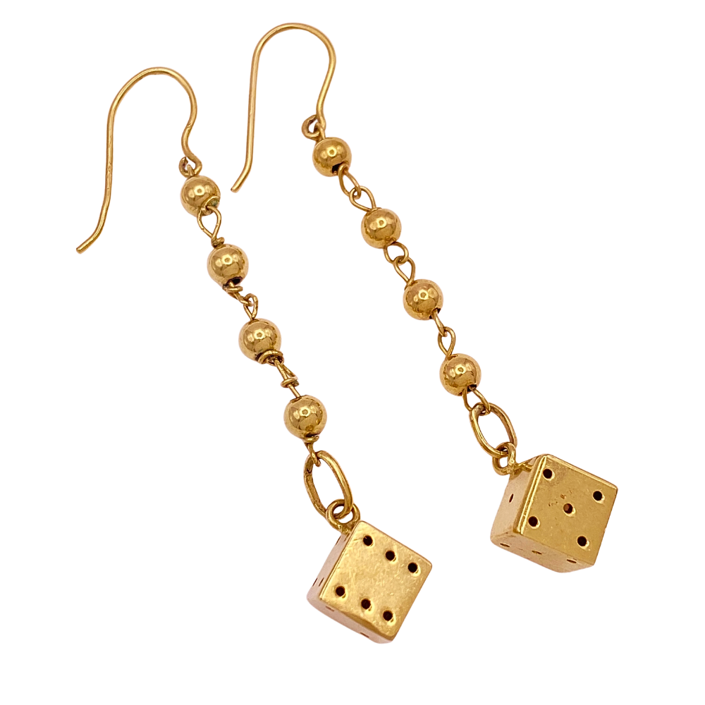 Vintage Long Dangle Earrings 14K Gold Rolling DICE Design