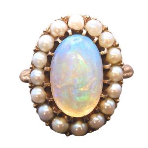 Edwardian Australian Opal Seed Pearl Halo Ring 14k Gold