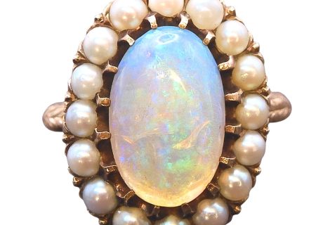 Edwardian Australian Opal Seed Pearl Halo Ring 14k Gold