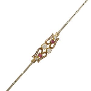 Edwardian Diamond & Ruby Ornate Link Bracelet 18k