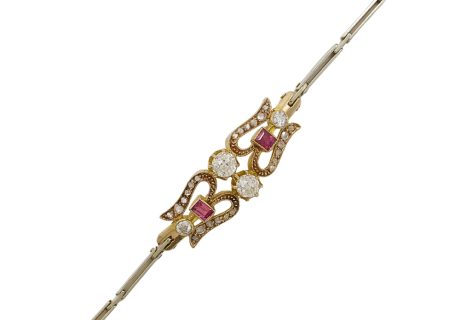 Edwardian Diamond & Ruby Ornate Link Bracelet 18k