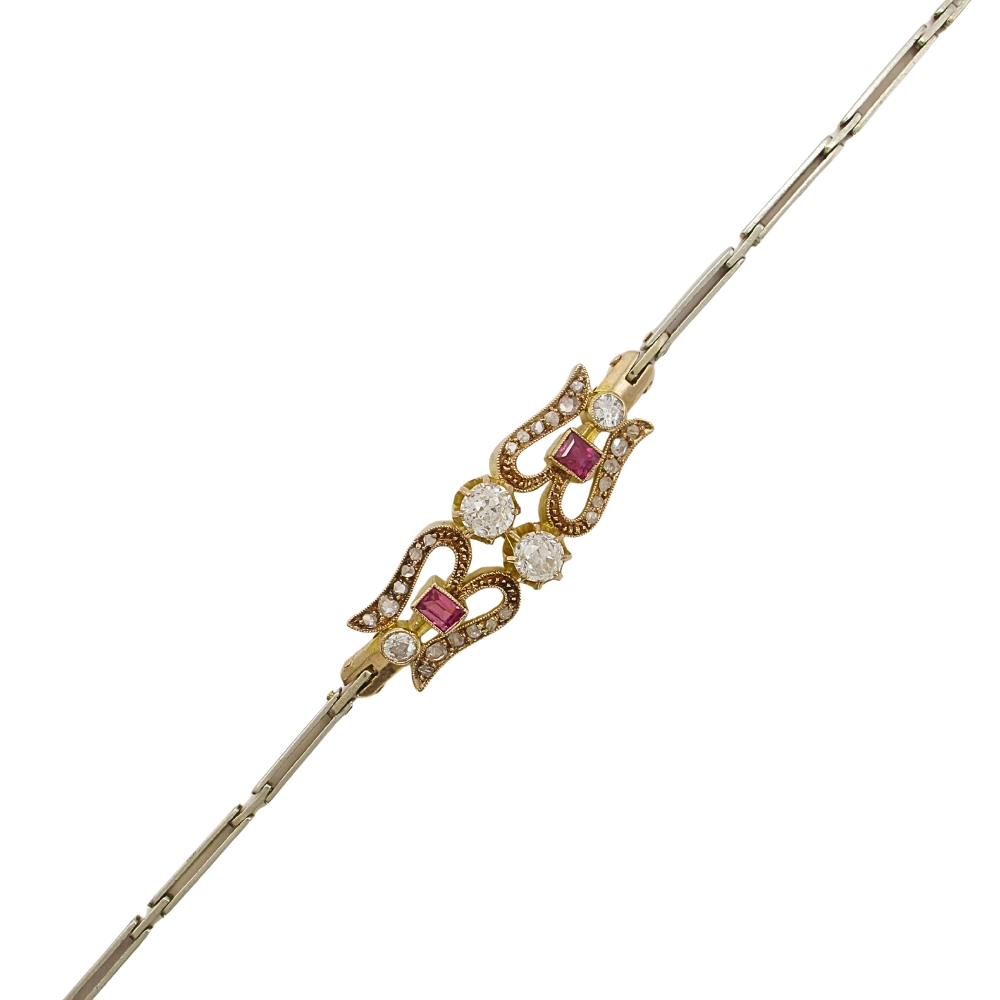 Edwardian Diamond & Ruby 0.78ctw Bracelet 18k Tri Gold