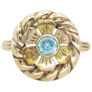 Esemco Mid Century Blue Zircon Flower Ring in Two Tone Rose & Yellow Gold