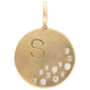 Letter S Diamond Disc Charm Pendant 14K Gold front