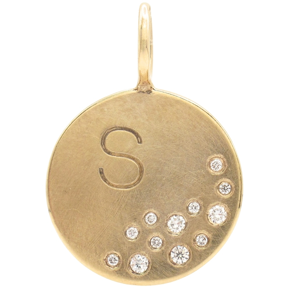 Letter S Diamond Disc Charm Pendant 14K Gold