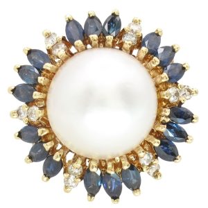 Mabe Pearl Ring with Sapphire & Diamond Halo in 14K Yellow Gold