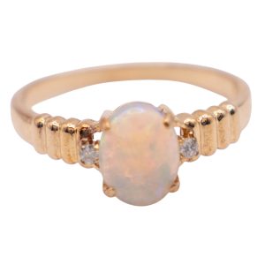Opal Oval with two side diamonds 14k Yellow Gold Front