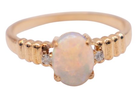 Opal Oval with two side diamonds 14k Yellow Gold Front