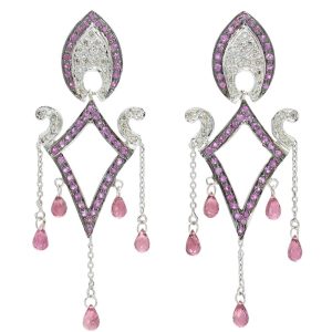 Pink Sapphire & Diamond Chandelier Dangle Earrings in 14K White Gold 5.26ctw
