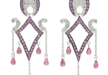 Pink Sapphire & Diamond Chandelier Dangle Earrings in 14K White Gold 5.26ctw