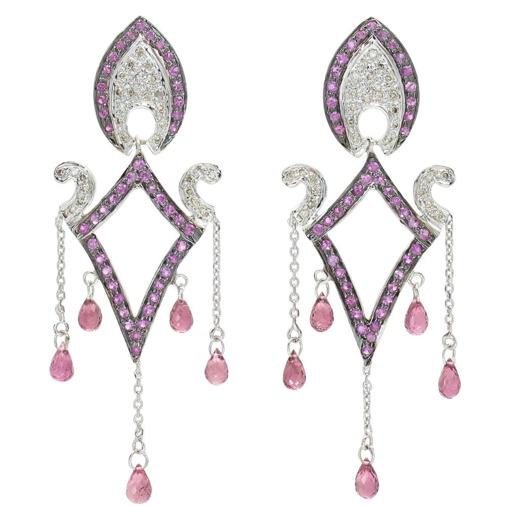 Pink Sapphire & Diamond Chandelier Dangle Earrings 14K